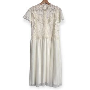 Feather Bone Anthropologie Ivory High Neck Lace And Crepe Midi Dress Women's 14